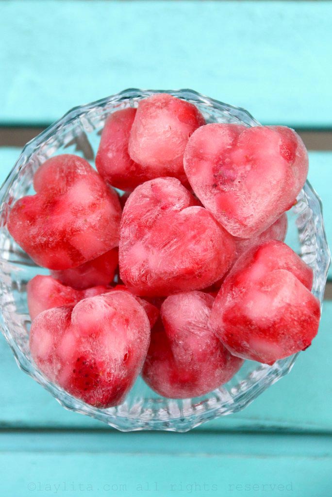 Heart shaped sparkling strawberry ice cubes