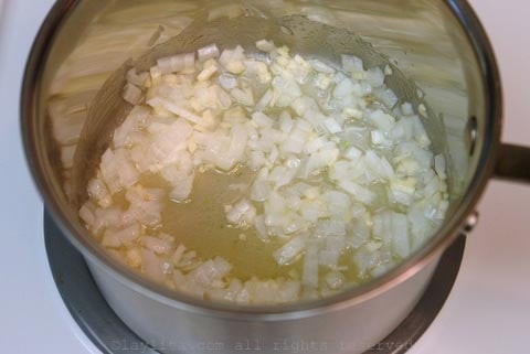 Heat the oil or butter, then add the chopped onions and garlic