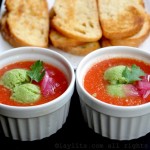 Gazpacho with avocado sorbet and garlic bread