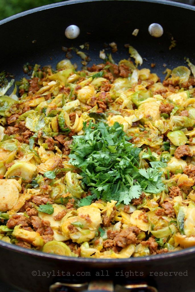 Brussels sprouts with chorizo and cilantro