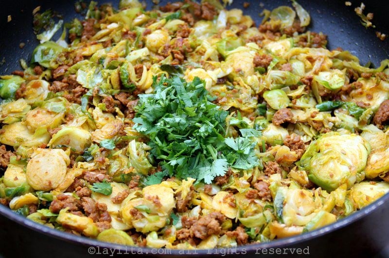 Sauteed brussels sprouts with chorizo and cilantro