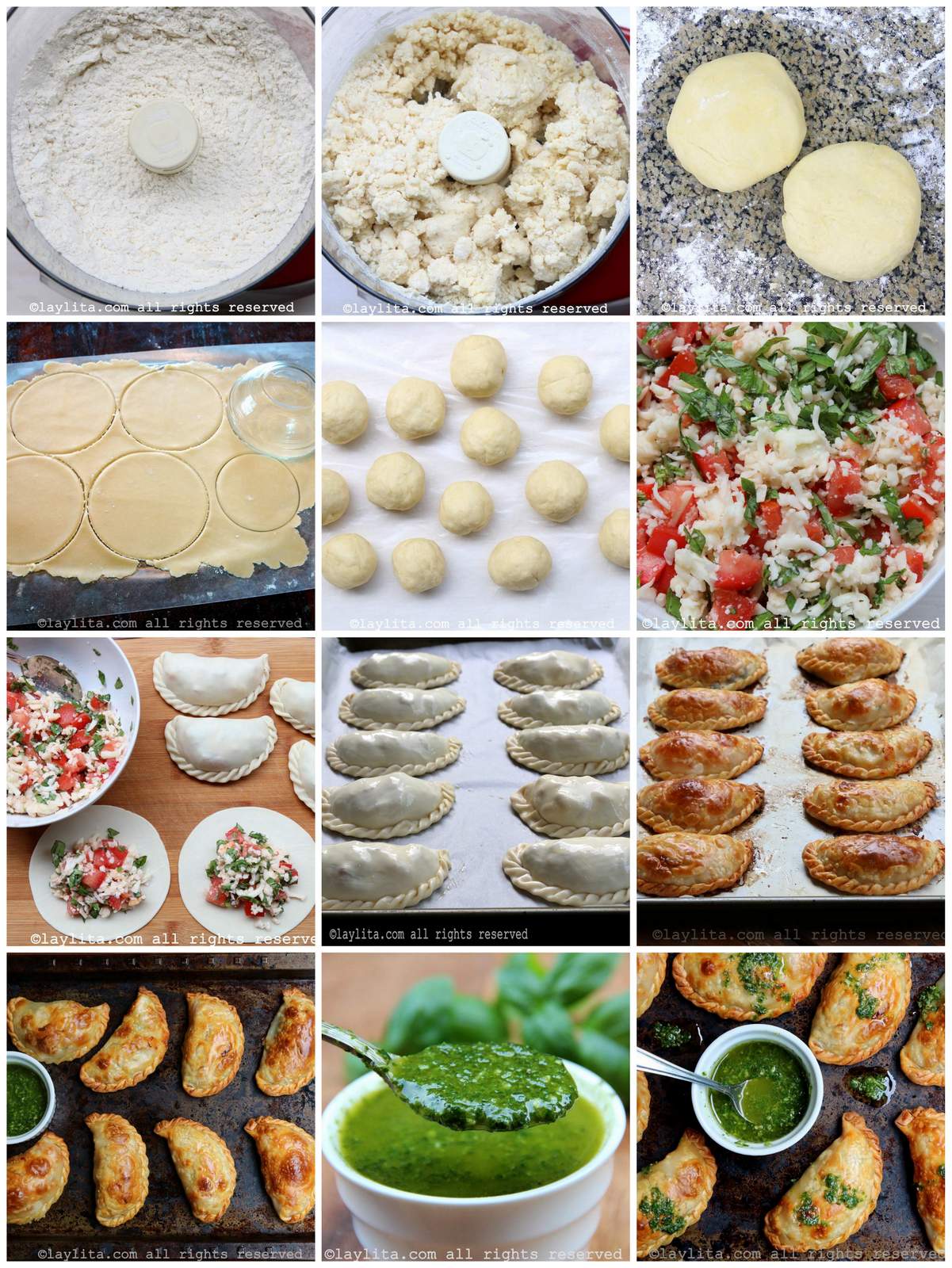 Collage of step by step preparation photos for caprese empanadas