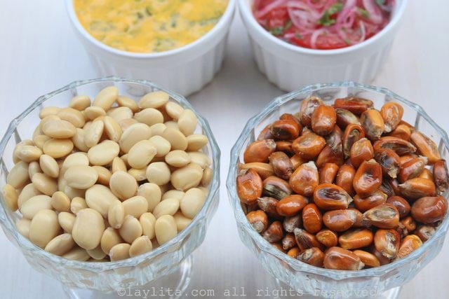 Ecuadorian snacks of  tostado or toasted corn nuts and lupini beans or chochos