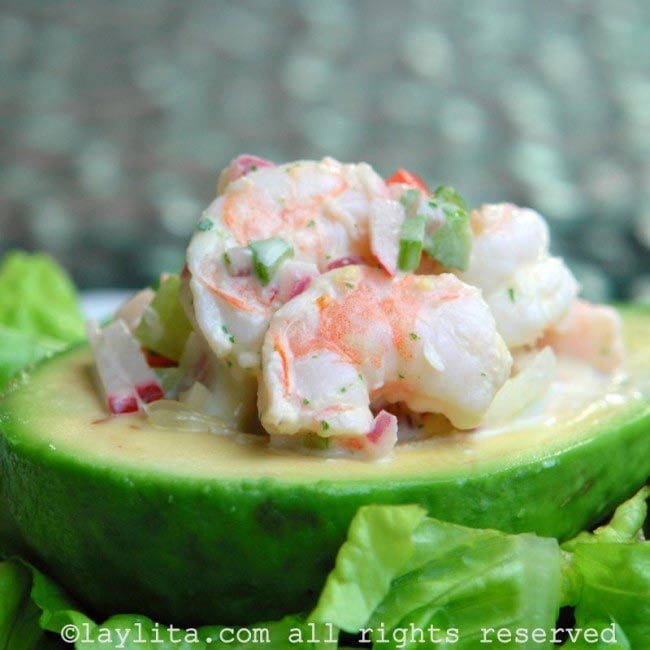 Avocado filled with shrimp salad