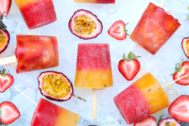 Passion fruit strawberry popsicles or paletas de fresa y maracuya