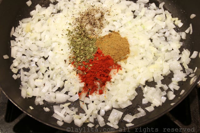 Onions, garlic, and spices for the beef empanadas