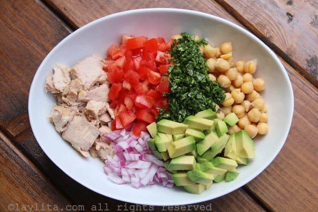Ingredients for chickpea or garbanzo salad with avocado and tuna