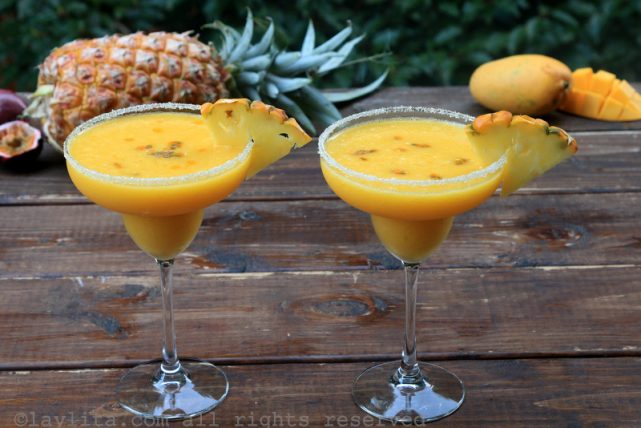 Tropical margaritas with pineapple, passion fruit, and mango 