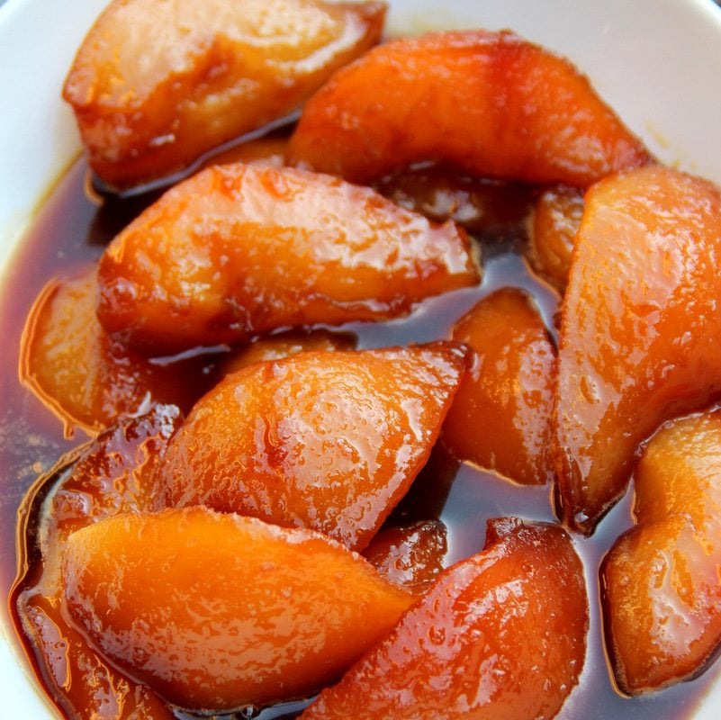 Pears caramelized in panela or piloncillo syrup