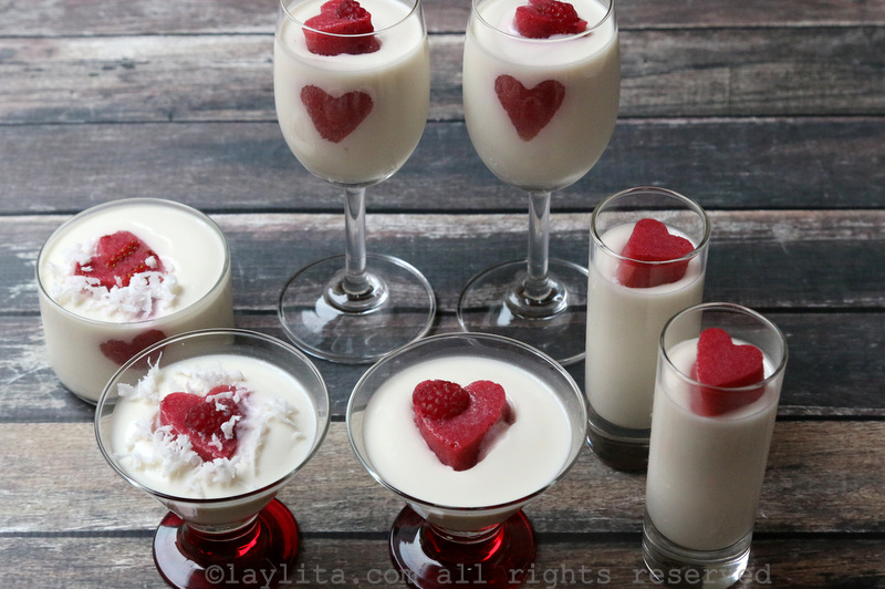Coconut panna cotta with berry hearts