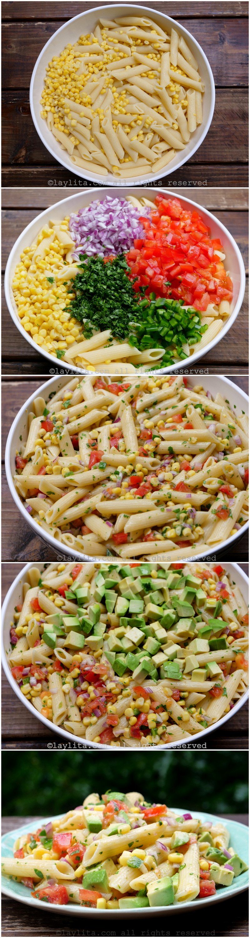 Corn pasta salad with tomato and avocado preparation