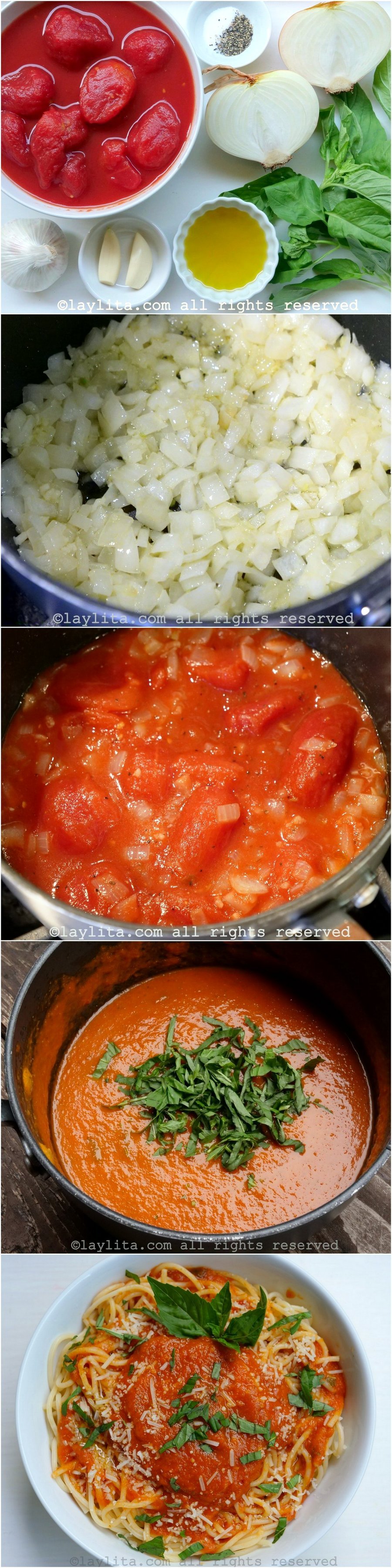 Step by step preparation for a basic tomato basil sauce recipe