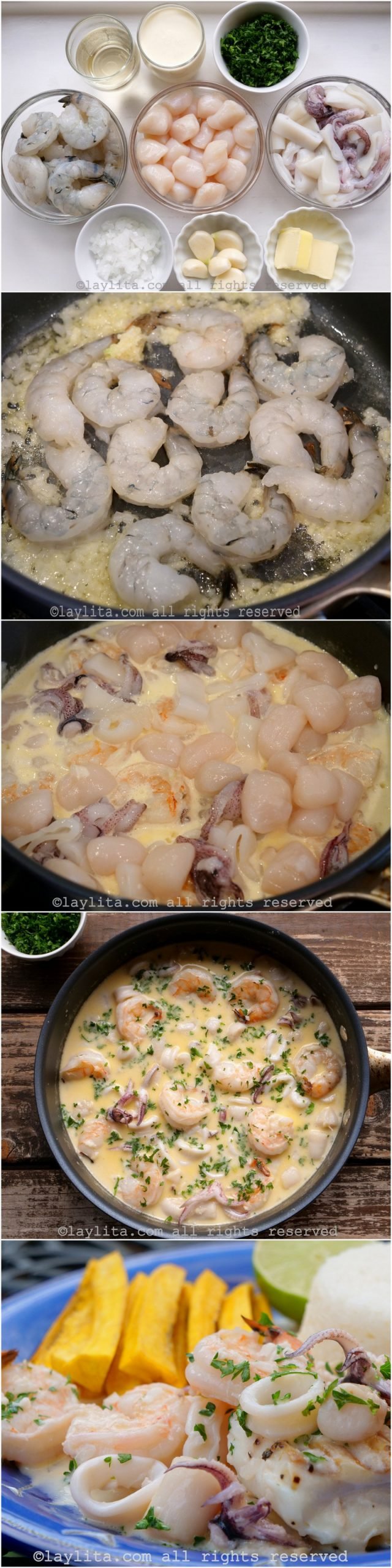 Step by step preparation for seafood in a garlic white wine sauce