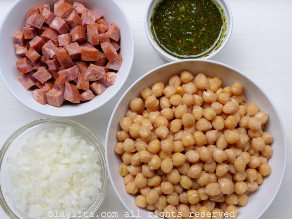 Ingredients for preparing sauteed chickpeas with chorizo and chimichurri