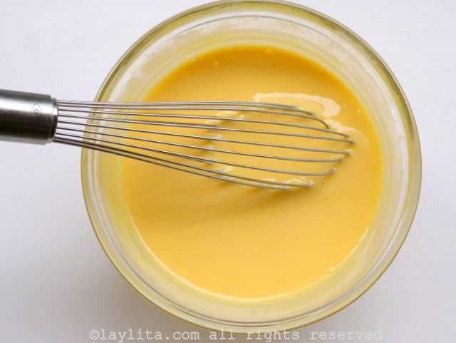 Mix the passion fruit juice with the egg yolks and condensed milk