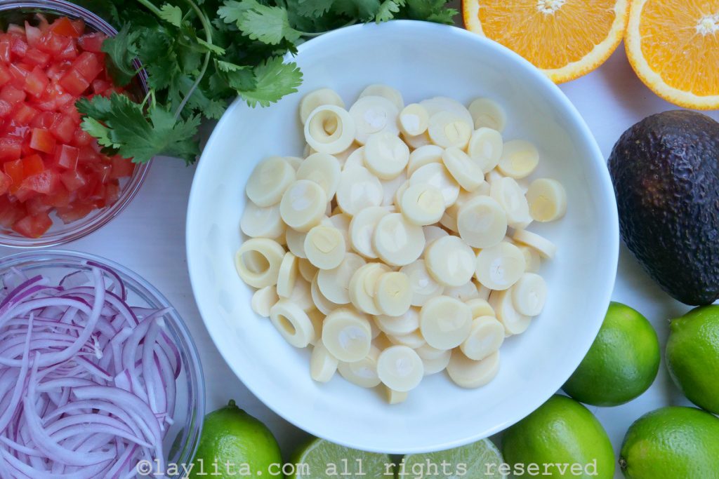 Ingredients for Ecuadorian hearts of palm ceviche