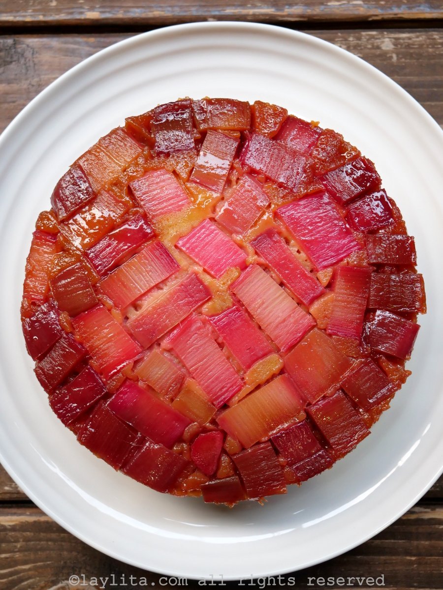 Homemade recipe for rhubarb upside down cake