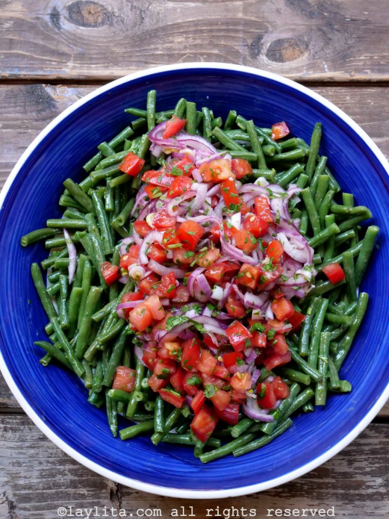 Green bean salad with lime marinated tomato and onion curtido