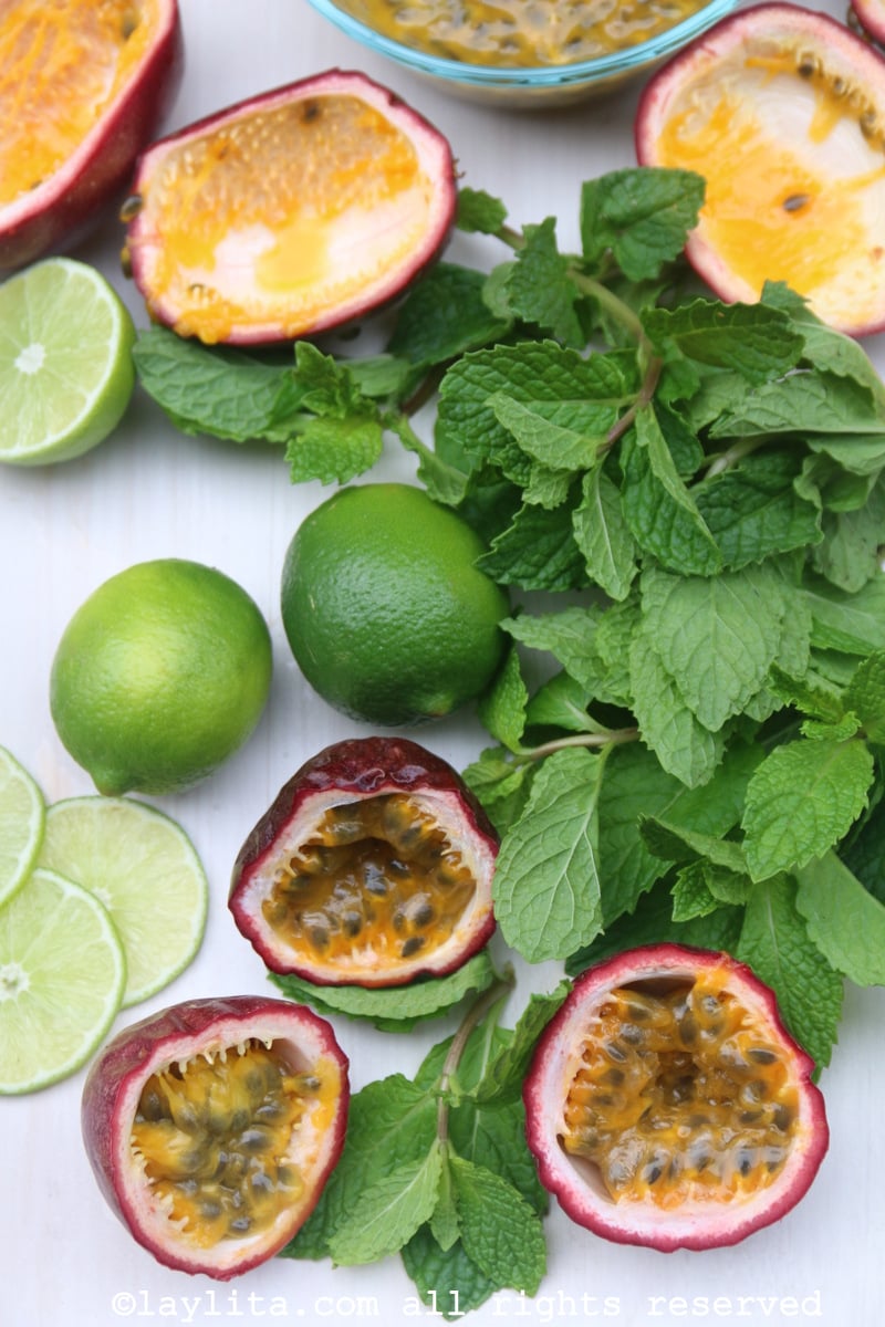 Ingredients for passion fruit mojitos with lime and mint