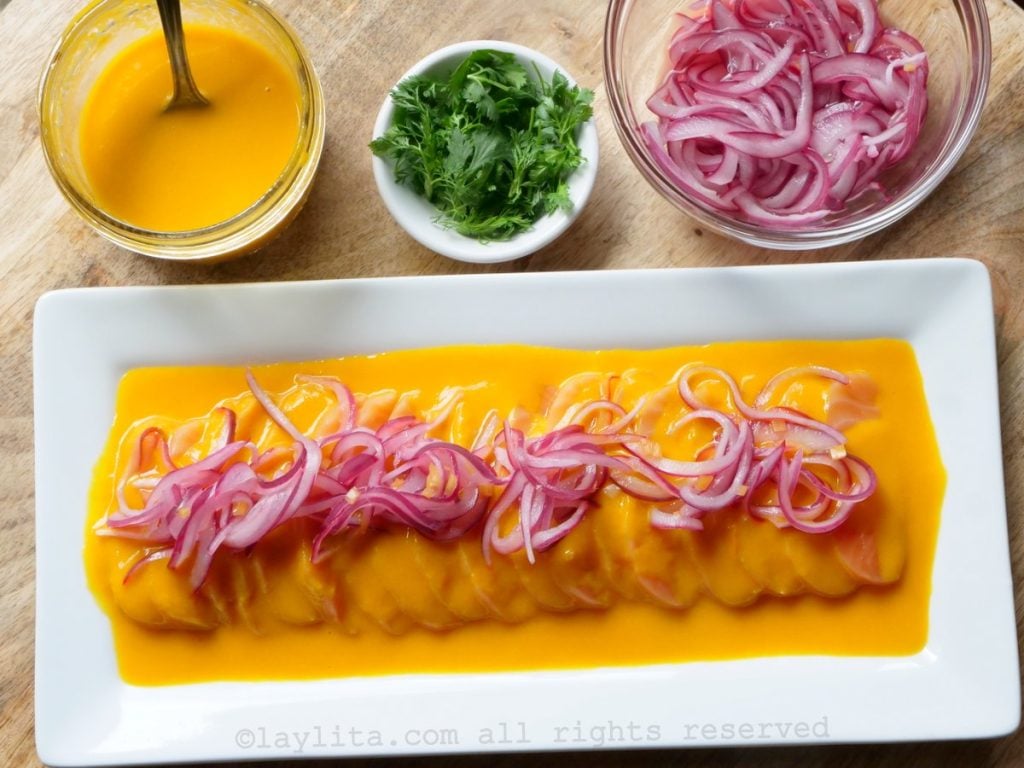 Peruvian salmon tiradito with passion fruit aji sauce