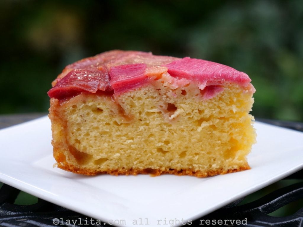 Slice of homemade rhubarb upside cake