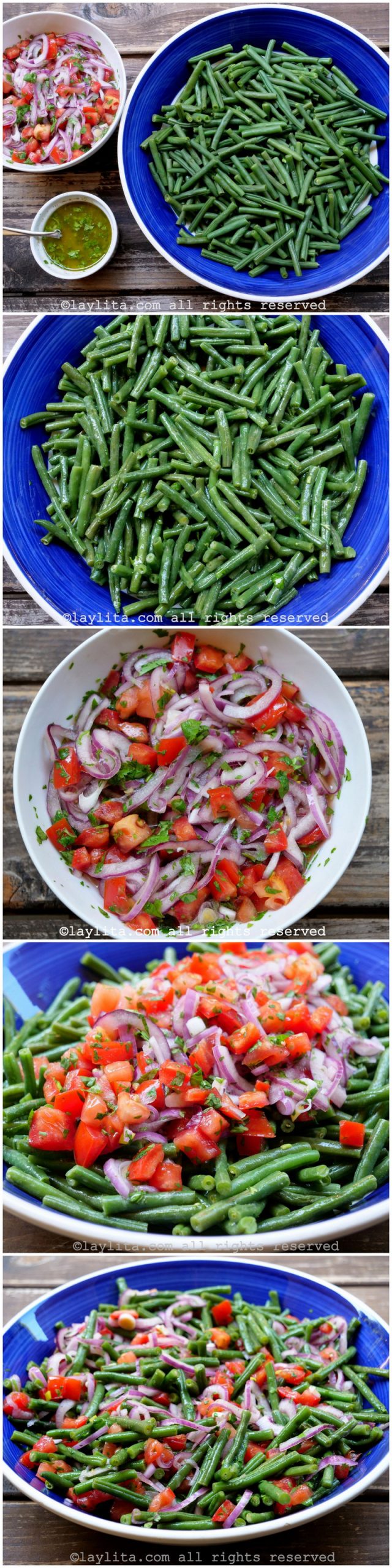Step by step preparation for green bean tomato salad with cilantro lime mustard dressing