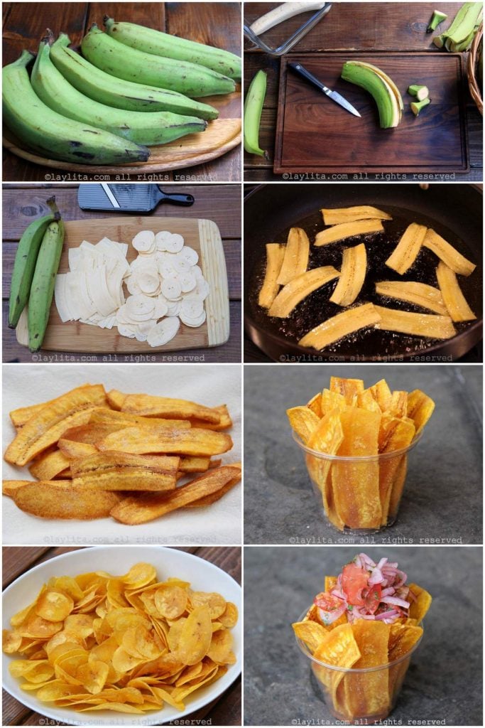 Step by step photos for making homemade chifles or thin fried green plantain chips