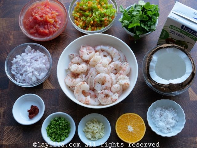 Ingredients for shrimp in coconut sauce - encocado de camarones