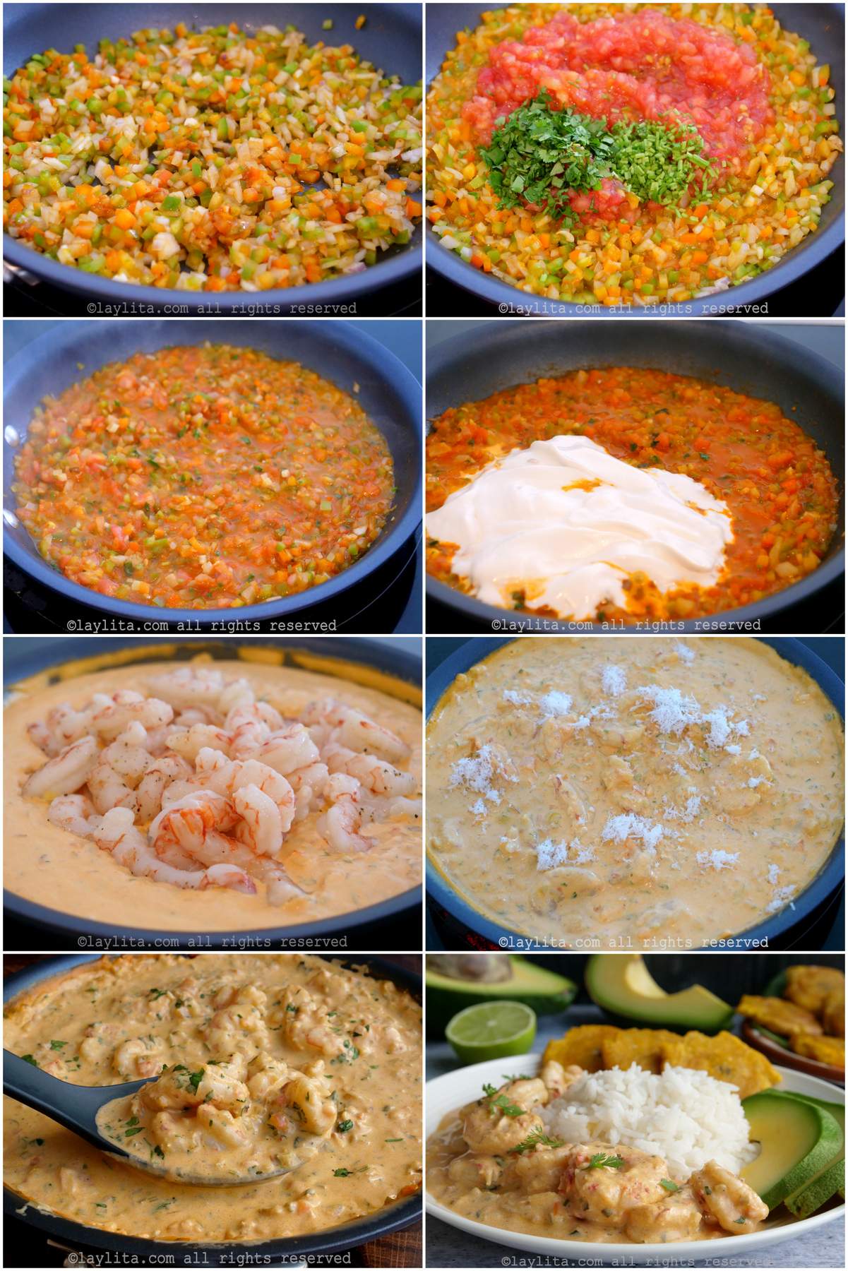 Step by step preparation photos for preparing shrimp in coconut sauce or encocado de camaron