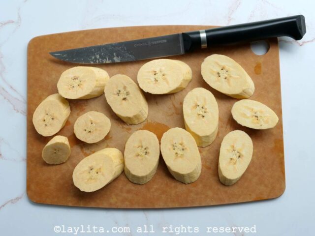Peeled and cut green plantains
