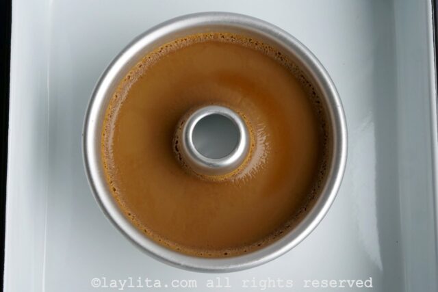 Overhead shot of a large coffee flan that has been baked