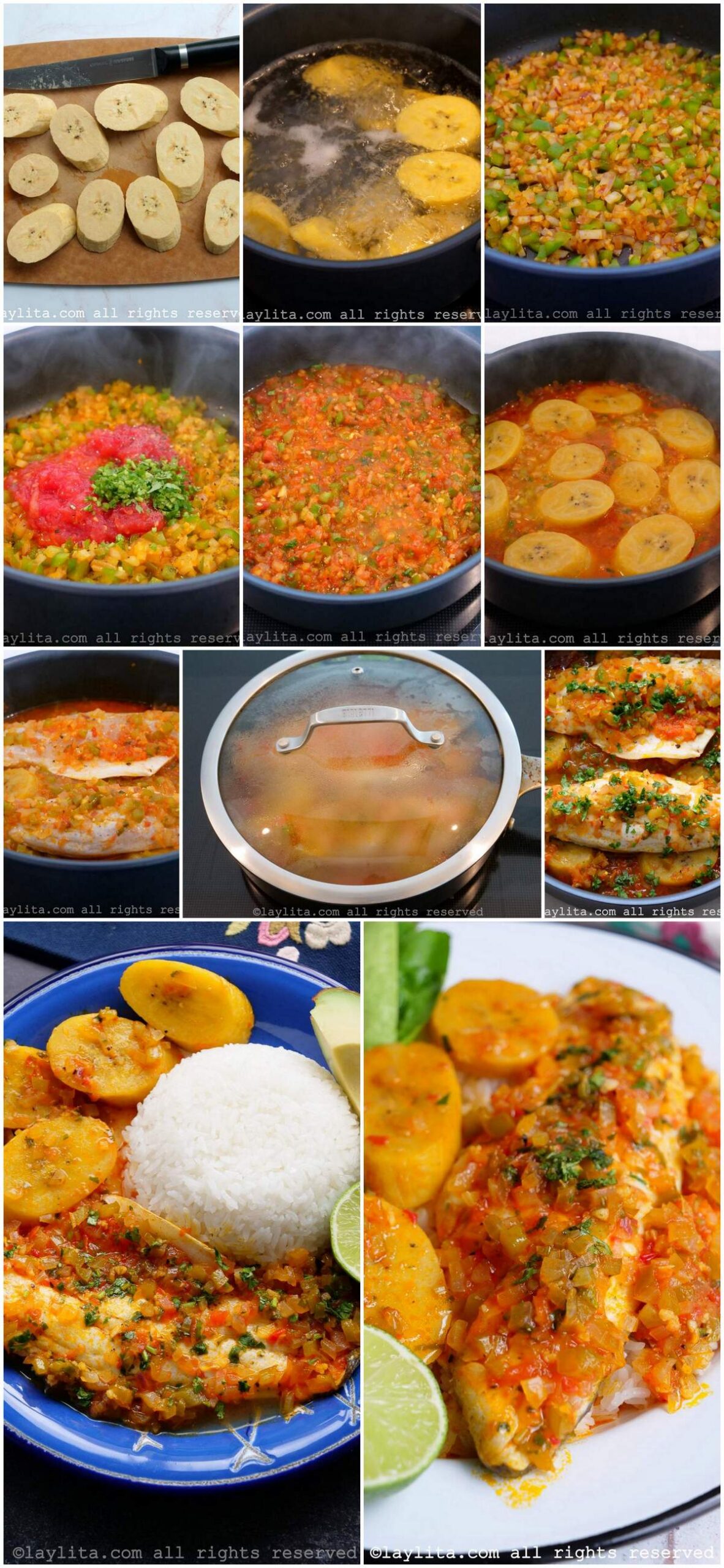 Collage of step by step preparation photos for Ecuadorian fish stew with plantains or sudado de pescado
