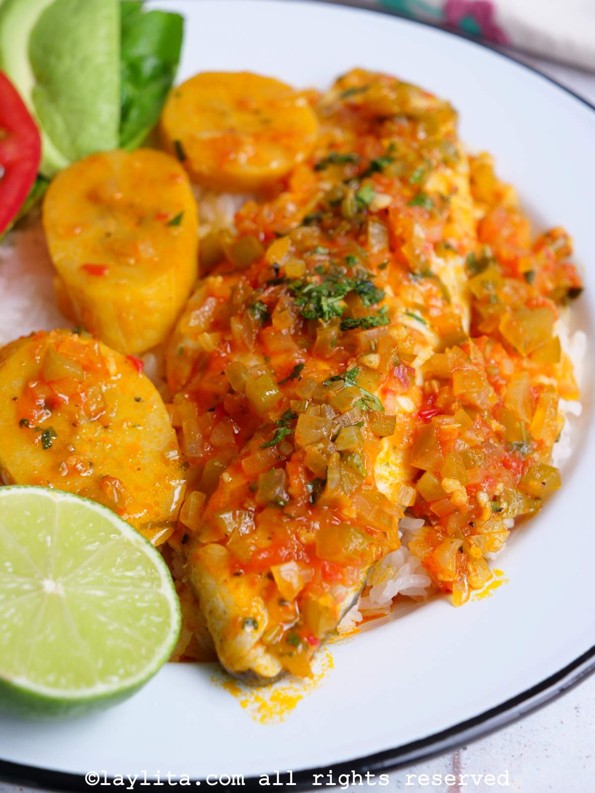 Fish stew in a tomato onion sauce with green plantains on a white plate