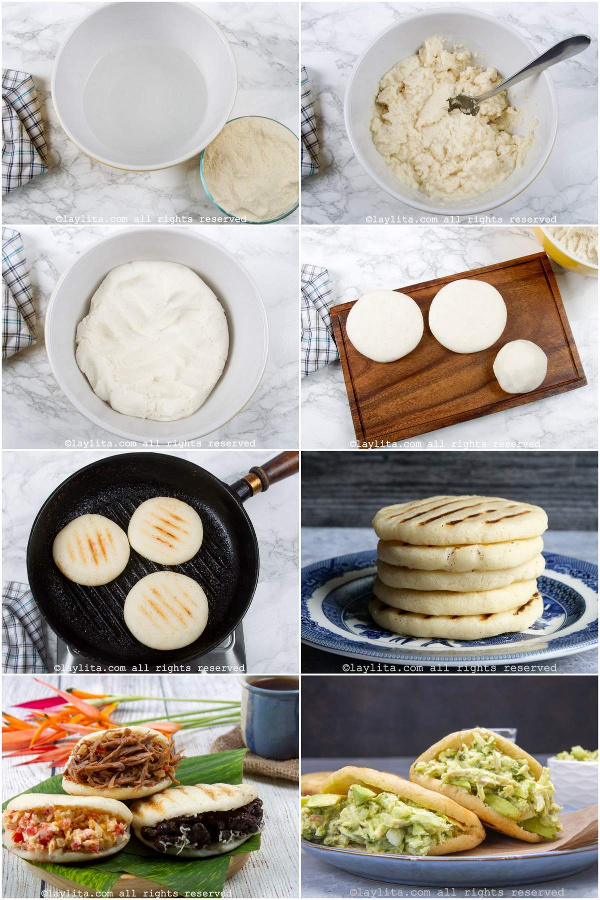 Collage of  step by step preparation photos to make arepas