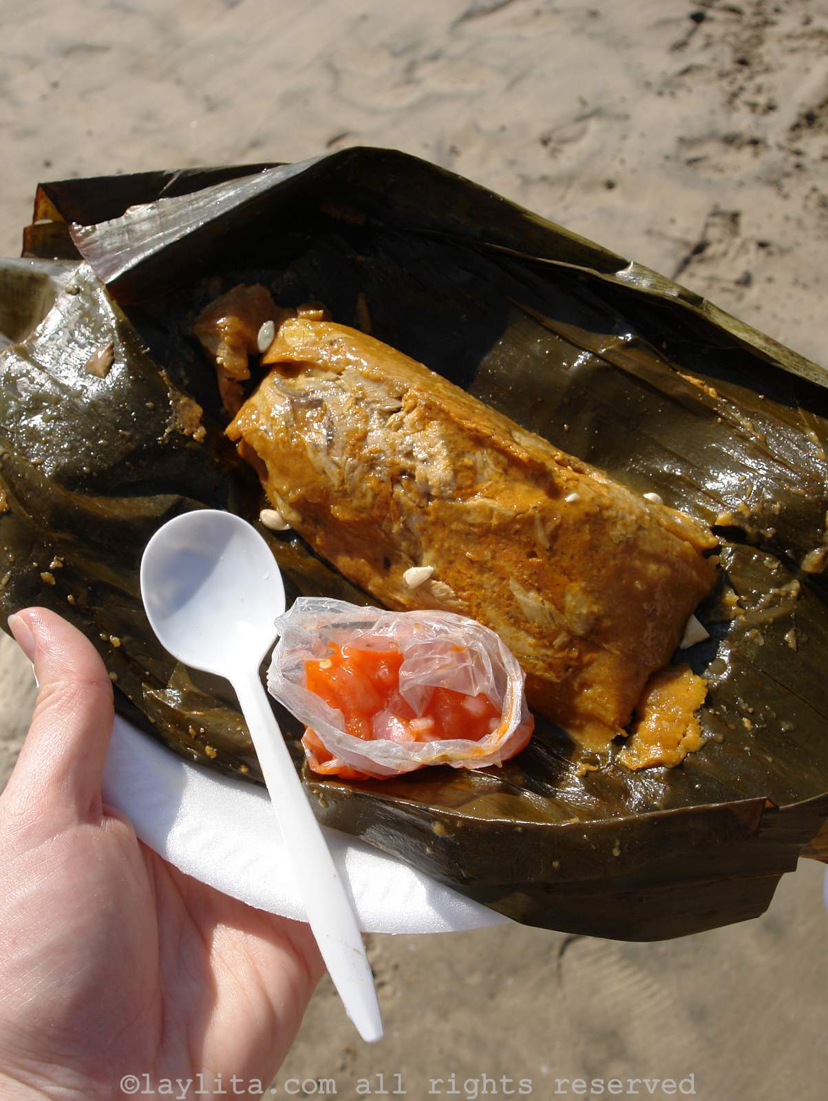 Photo of a bollo de pescado at the beach in Ecuador
