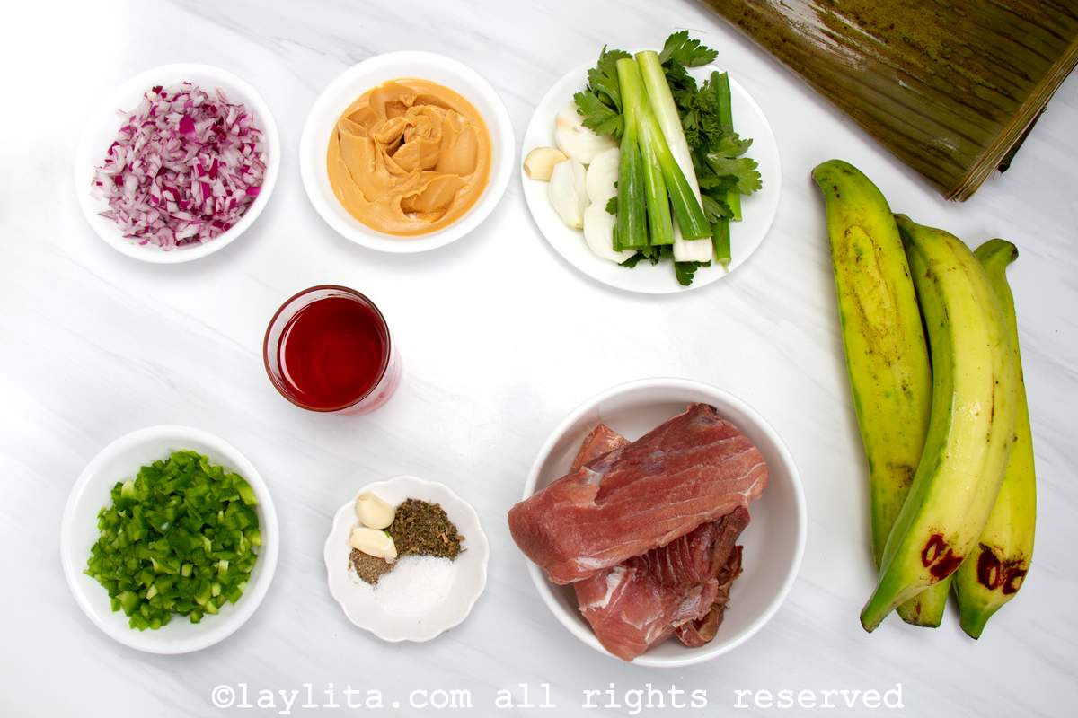 Photo of the ingredients for Ecuadorian fish bollos or green plantain tamales on a countertop.