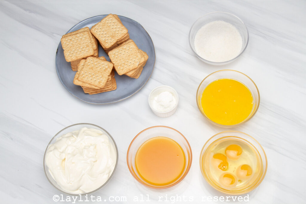 Ingredients needed for passion fruit cheesecake on a kitchen counter