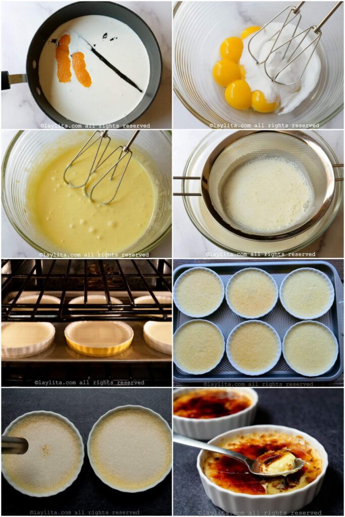 Collage of step by step preparation photos for French creme brulee