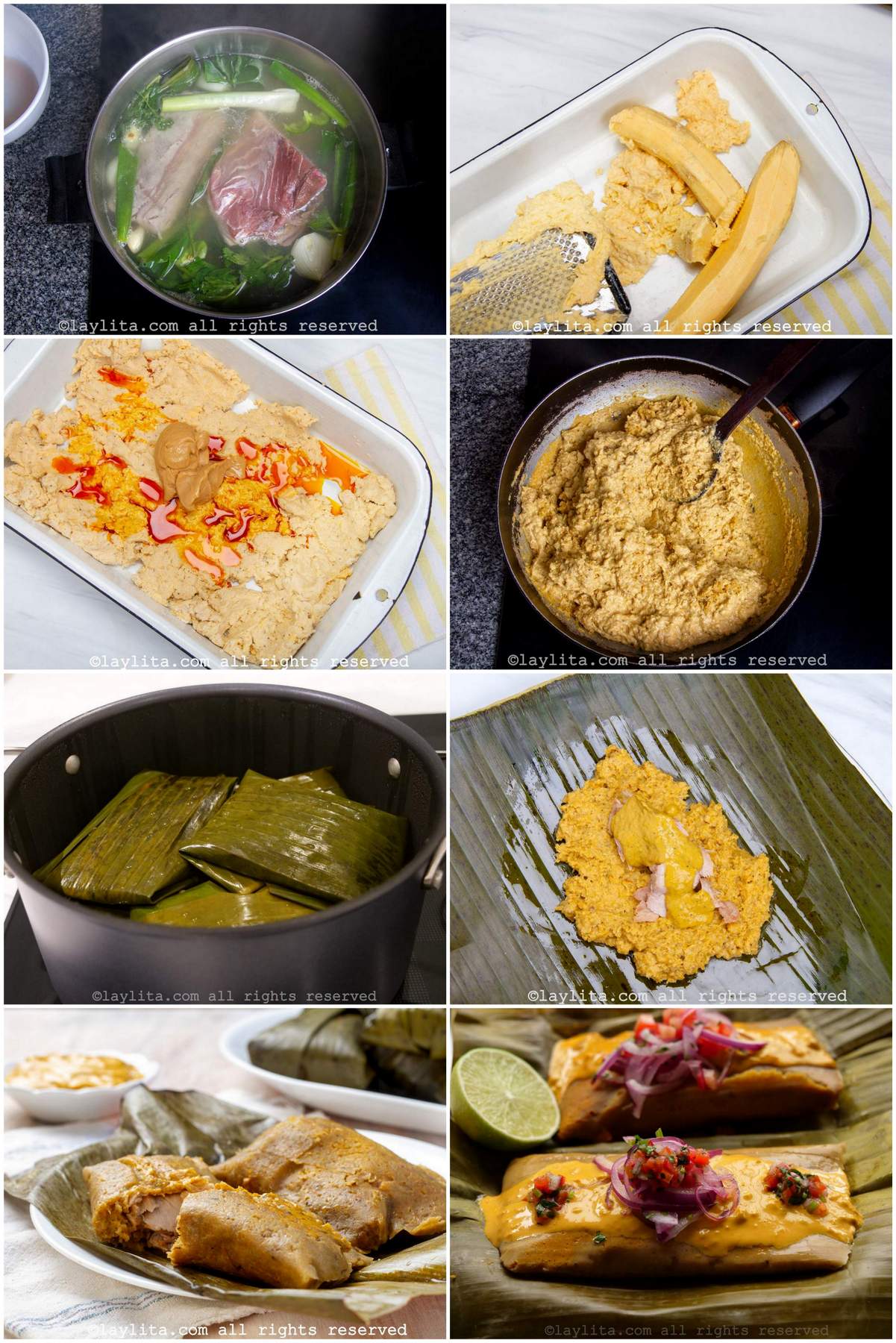 Collage of preparation photos for Ecuadorian bollos de pescado