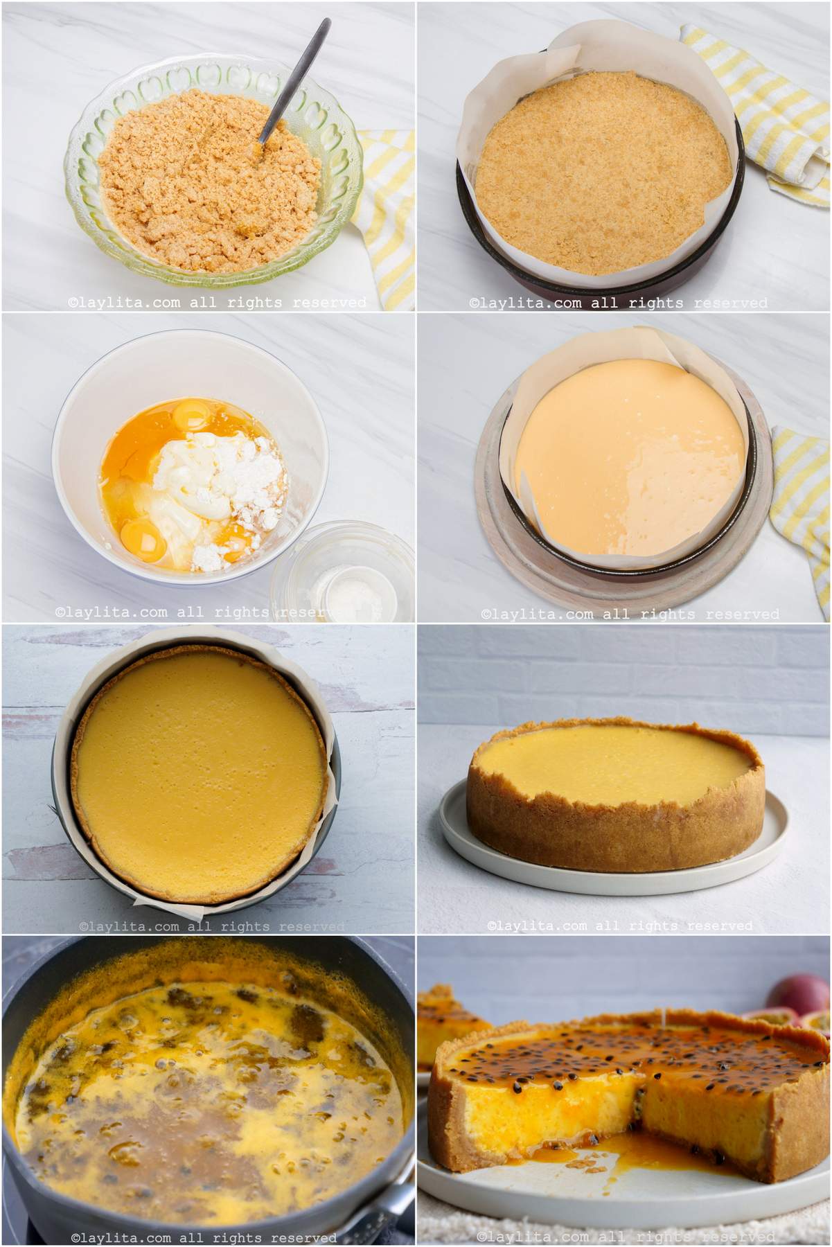 Photo collage of step by step preparation for passion fruit cheesecake recipe