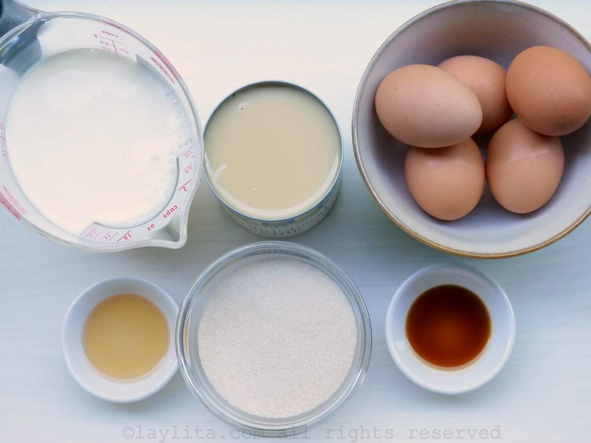 Overhead shot of ingredients needed for quesillo on a kitchen counter.