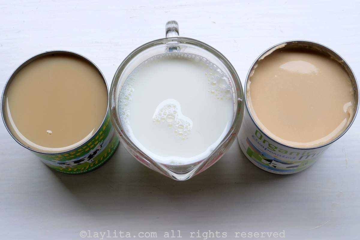 Ingredients needed for tres leches or three milks mixture on a kitchen counter