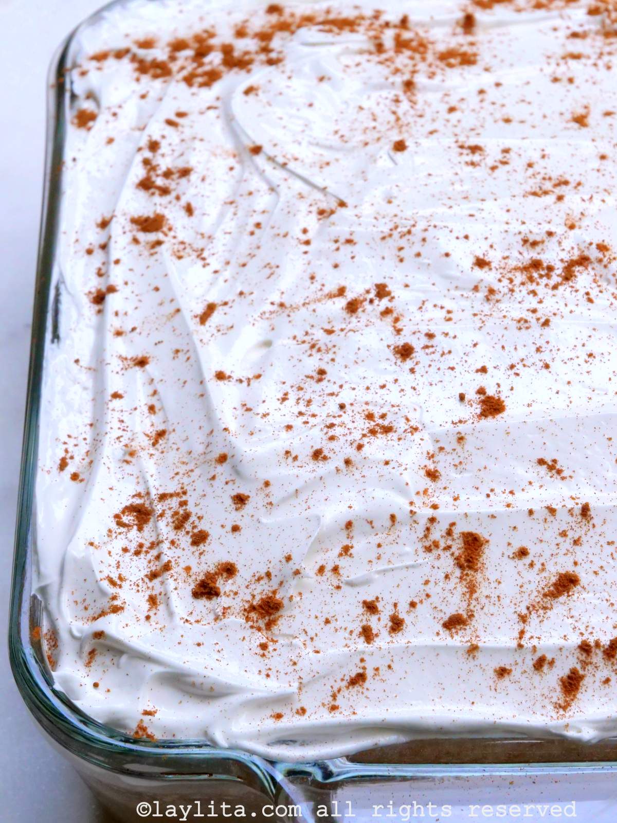 Overhead shot of tres leches cake decorated with meringue frosting and ground cinnamon