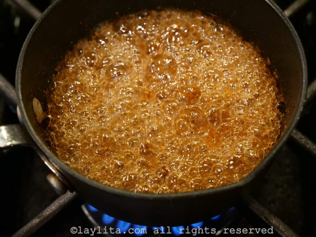 Caramel in the bottom of a cake pan.