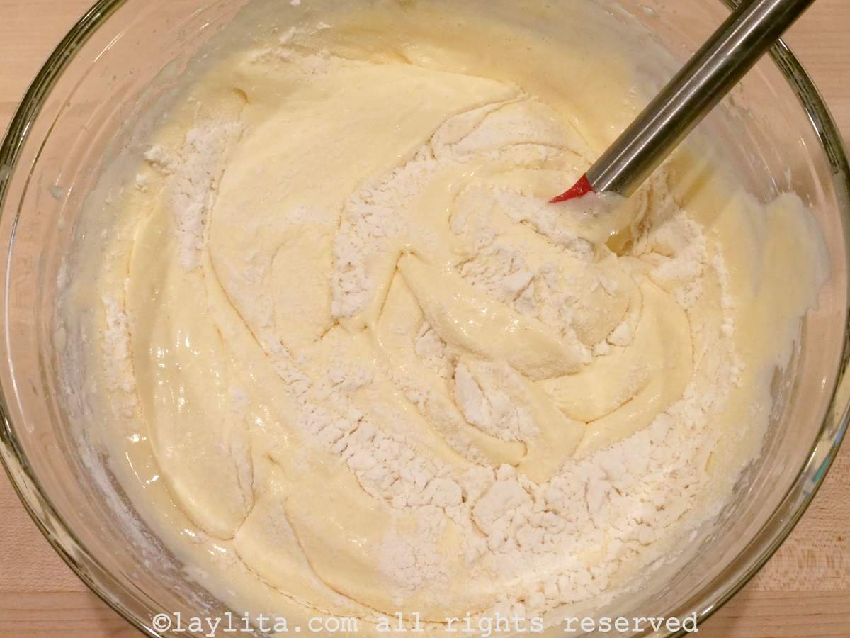 Flour added to the mixture and gently combined with the other ingredients.