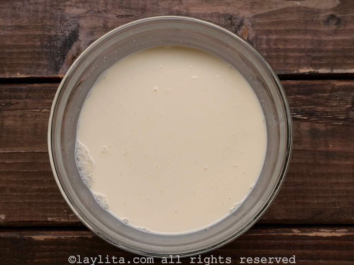 All of the milks combined in one mixing bowl.