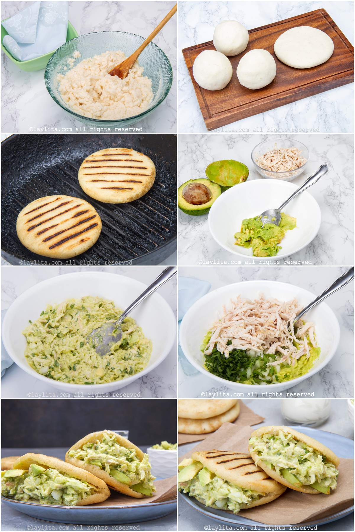Collage of step by step preparation photos for Venezuelan chicken avocado arepas