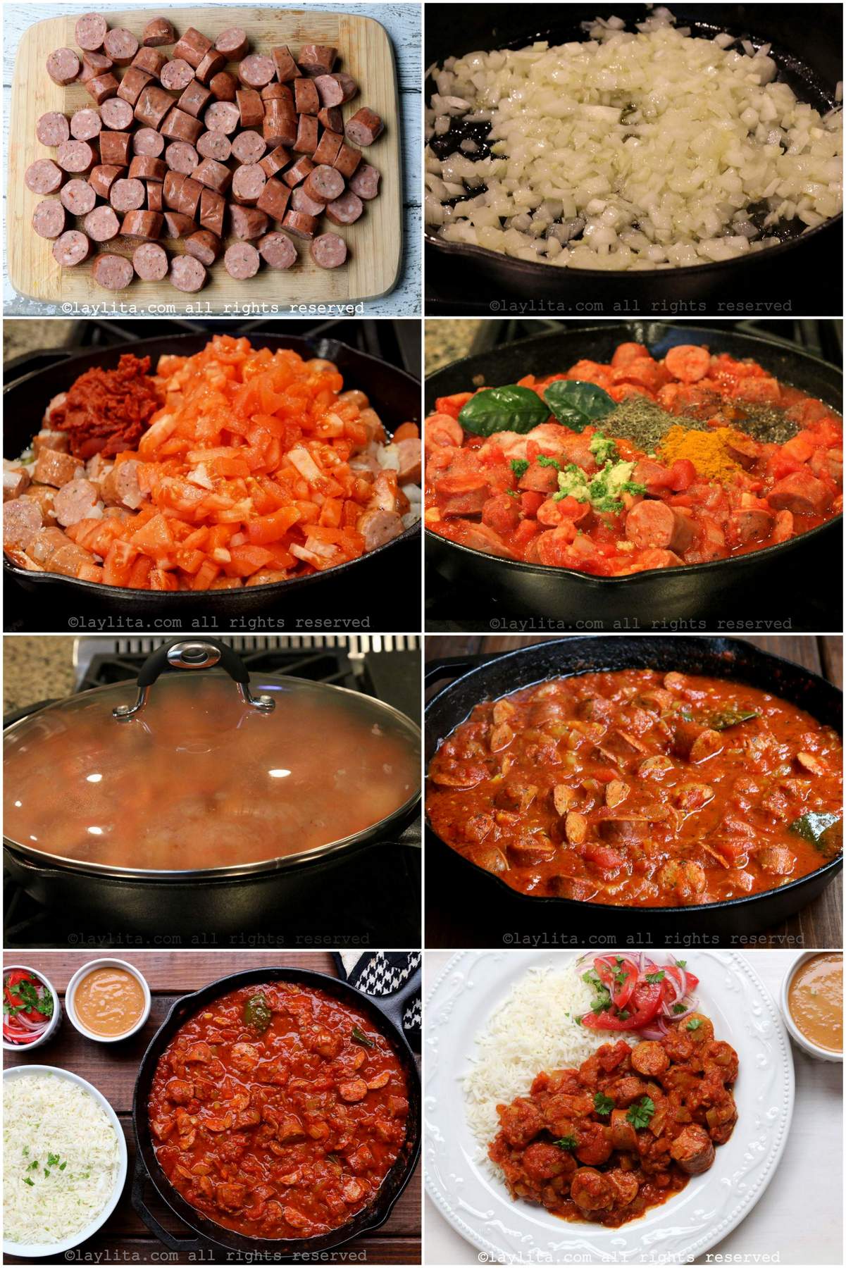 Collage of step by step preparation photos for rougail or rougaille saucisse