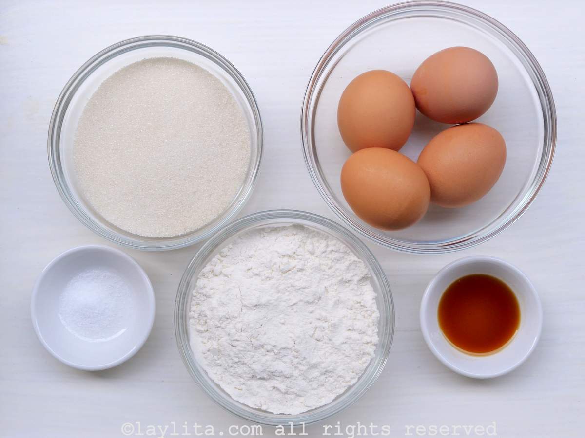 Ingredients needed for tres leches sponge cake on a kitchen counter