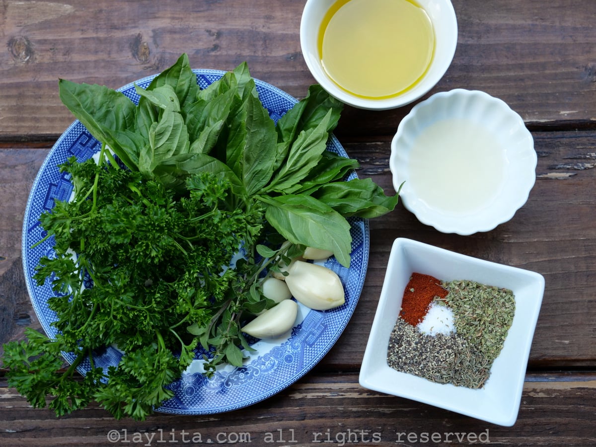 Ingredients for the garlic herb chimichurri marinade